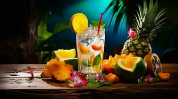 refreshing cocktail on wooden table surrounded by tropical photo