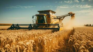 ripe wheat cutting with heavy machinery outdoors photo