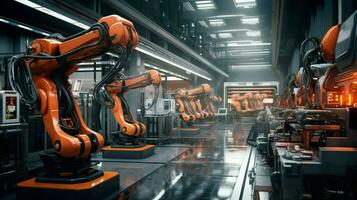 robotic arms working in futuristic factory workshop photo