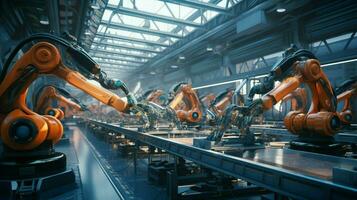 robotic arms working in futuristic factory workshop photo