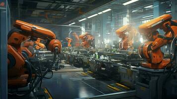 robótico brazos trabajando en futurista fábrica taller foto
