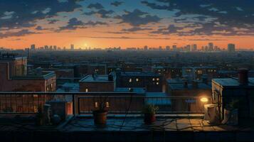roof of residential building illuminates cityscape twilight photo