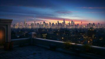 roof of residential building illuminates cityscape twilight photo