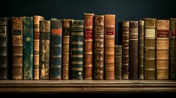 row of old textbooks fills antique bookshelf photo