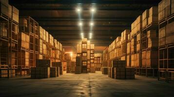 rows of crates in large indoor warehouse photo