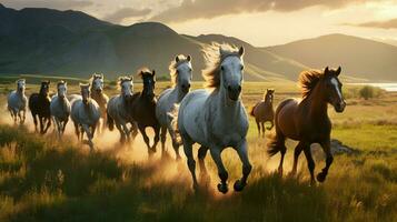 running herd of horses graze in meadow photo