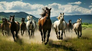 running herd of horses graze in meadow photo