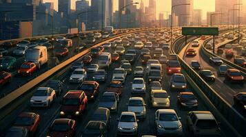 rush hour traffic jam on multiple lane highway photo