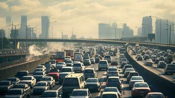 rush hour traffic jam on multiple lane highway photo