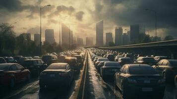 rush hour traffic jam on multiple lane highway photo