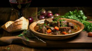 rustic beef stew on wooden plate with wine and bread photo