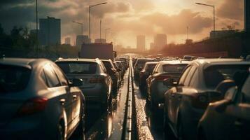 rush hour traffic jam on multiple lane highway photo