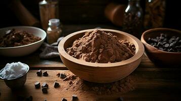 rustic chocolate cookie dough mixing on wooden table photo