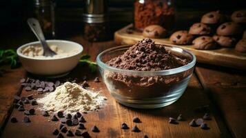 rustic chocolate cookie dough mixing on wooden table photo