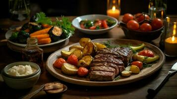 rustic grilled meat and vegetable meal on wooden table photo