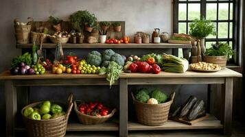 rustic kitchen counter displays fresh food collection photo