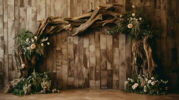 rustic timber backdrop with weathered tree trunk photo