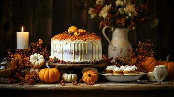 rústico calabaza postre decoración indulgencia en de madera foto