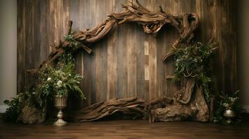 rustic timber backdrop with weathered tree trunk photo