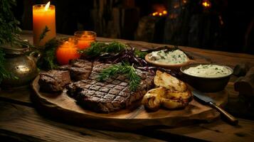 rustic wood table holds gourmet meal with grilled meat photo