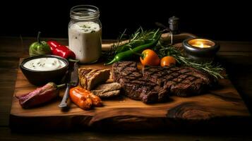 rustic wood table holds gourmet meal with grilled meat photo