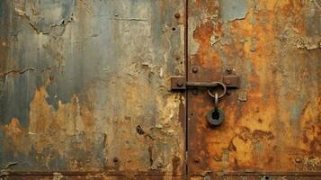 rusty metal door with old steel lock and dirty handle photo