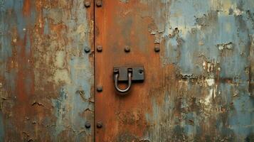 rusty metal door with old steel lock and dirty handle photo