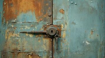 rusty metal door with old steel lock and dirty handle photo