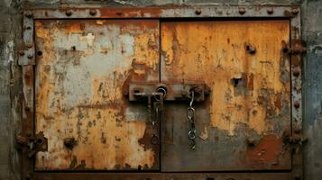 rusty metal door with old steel lock and dirty handle photo