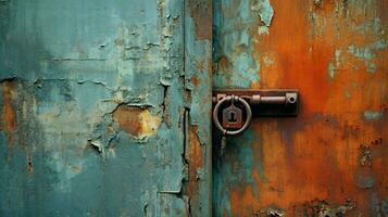 rusty metal door with old steel lock and dirty handle photo