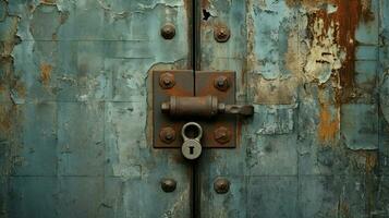 rusty metal door with old steel lock and dirty handle photo