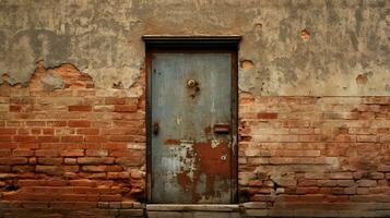 rusty old door with brick wall and metal doorknob photo