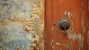 rusty old door with brick wall and metal doorknob photo