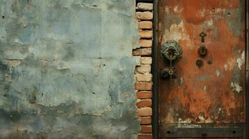 rusty old door with brick wall and metal doorknob photo