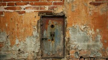 rusty old door with brick wall and metal doorknob photo