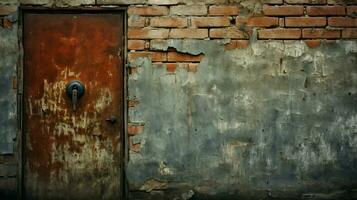 rusty old door with brick wall and metal doorknob photo