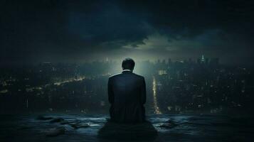 sad businessman sits alone in dark solitude photo