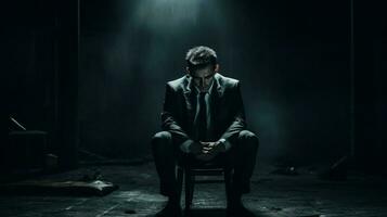 sad businessman sits alone in dark solitude photo