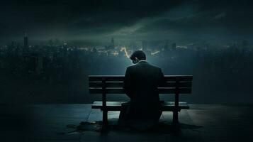 sad businessman sits alone in dark solitude photo