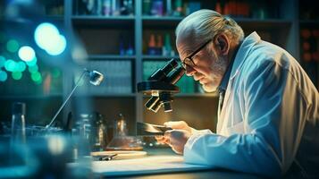 scientist analyzing medical sample with modern microscope photo