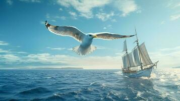 seagull flying over blue water sailing ship explores photo