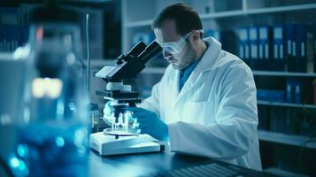 scientist analyzing medical sample with modern microscope photo