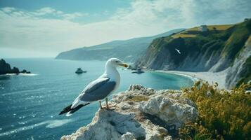 seagull perched on cliff watching coastline enjoying free photo