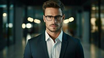 serious businessman with eyeglasses looking at camera photo