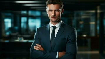 serious businessman in suit looking at camera with confident photo