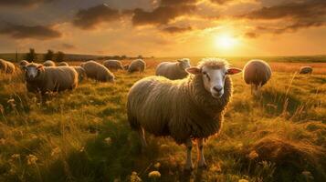 sheep graze in golden meadow at sunset photo