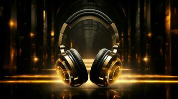 shiny black headphones reflect golden nightclub lights photo