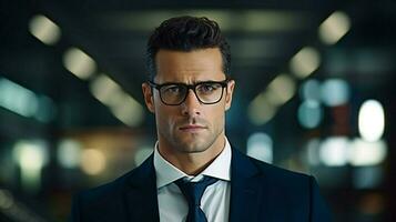 serious businessman with eyeglasses looking at camera photo