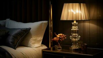 shiny antique lamp illuminates modern elegant bedroom photo