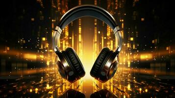 shiny black headphones reflect golden nightclub lights photo